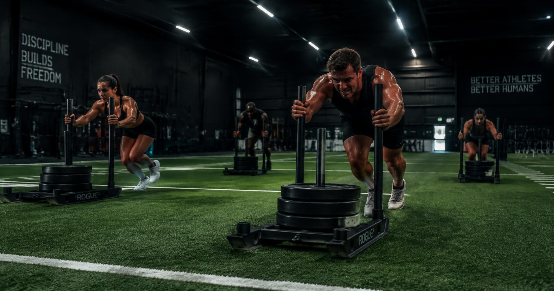 Athletes pushing weighted sleds on turf