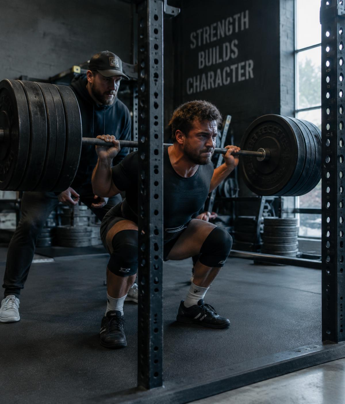 Athlete squatting while coach spots